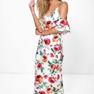 White Floral Maxi Dress Cold-Shoulder